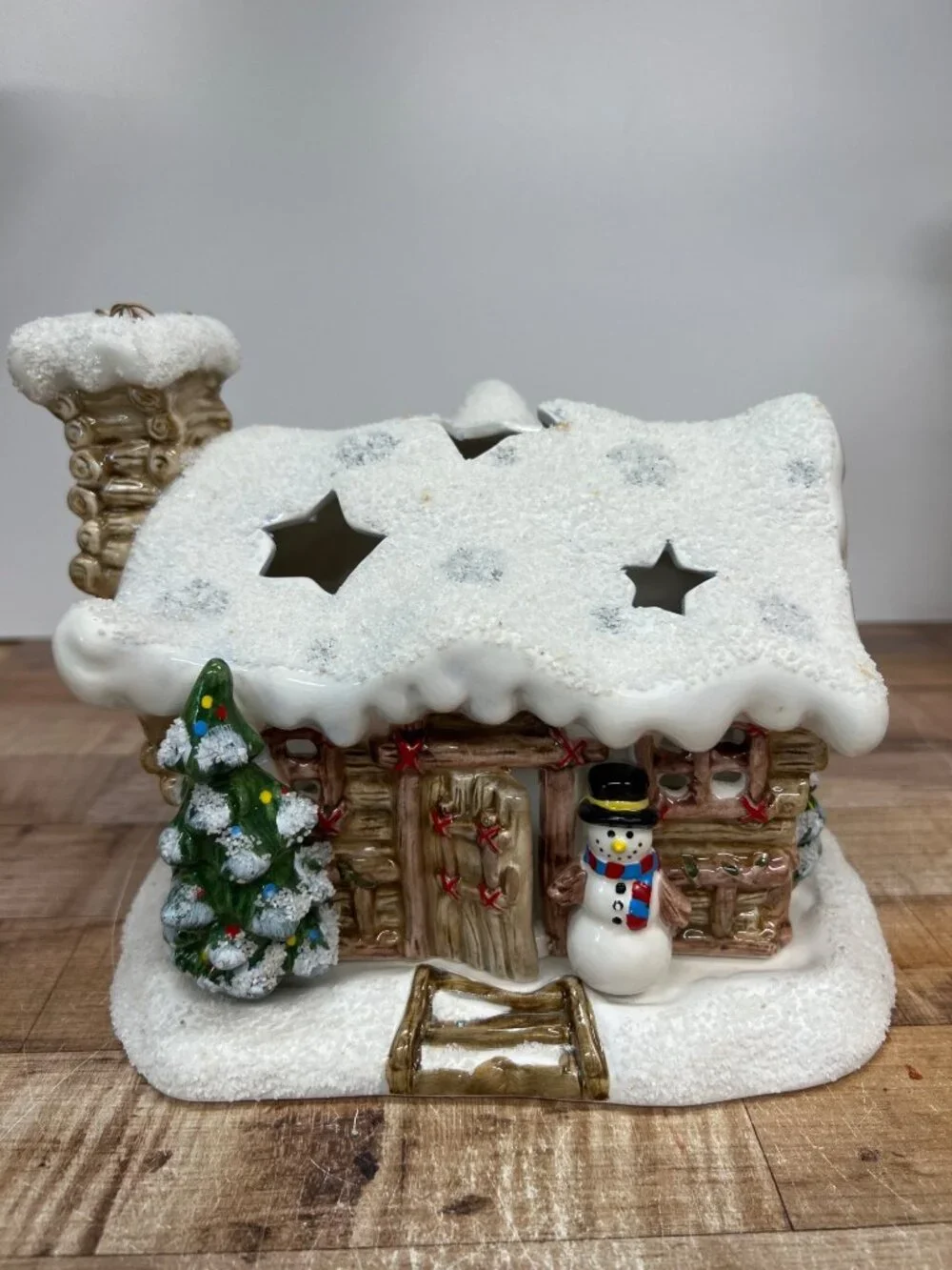 Vintage Hand Painted Christmas Ceramic Candle House For Tea Lights Snowy Lodge